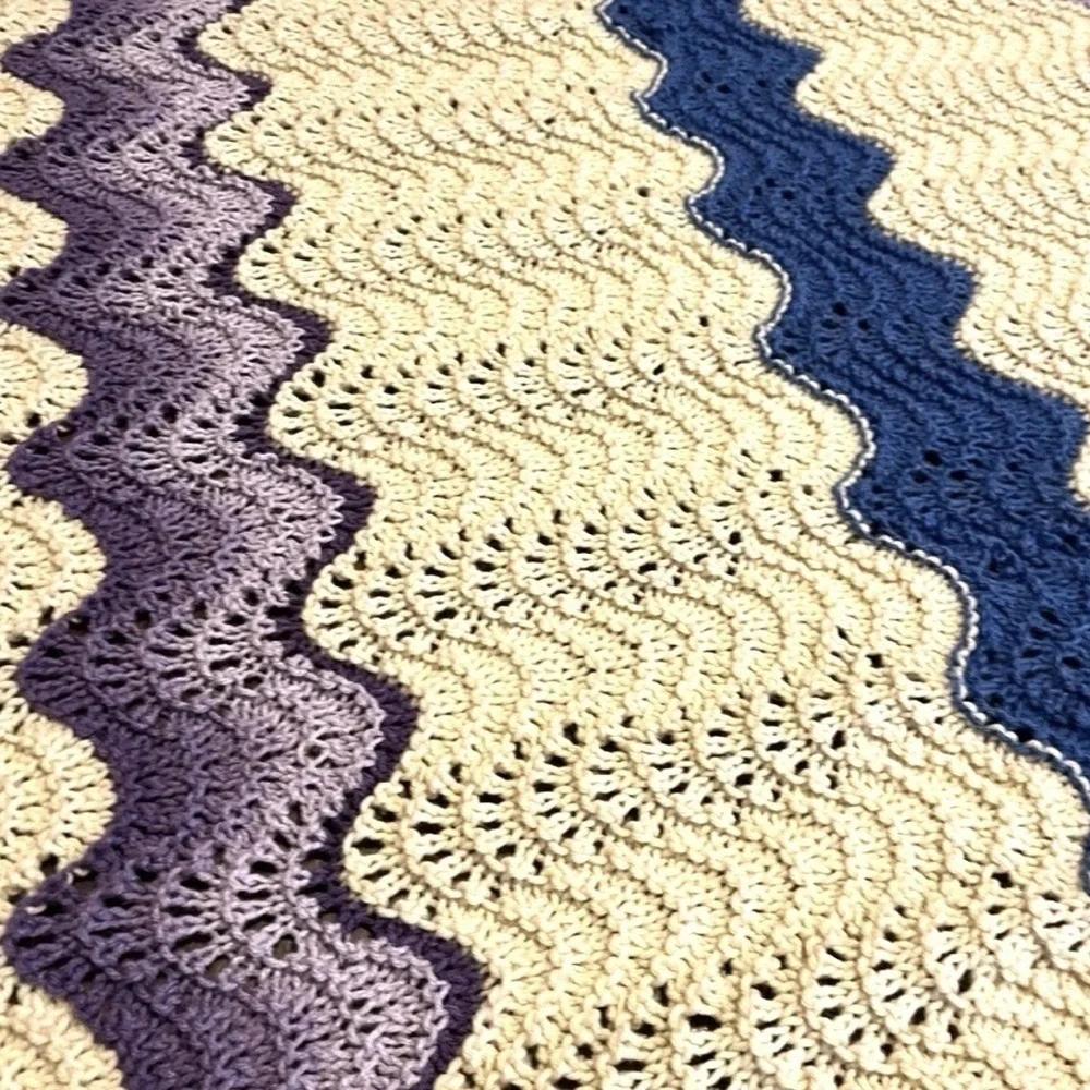 Hand Crocheted Knit Twin Size Afghan Throw Blanket Cream, Yellow, Purple & Blue
